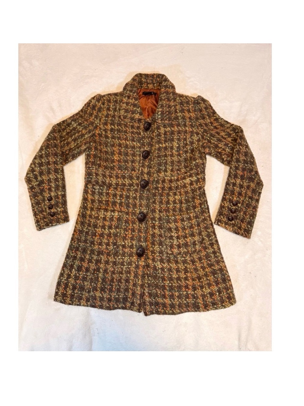 Vintage Y2K Arden B. Tweed Fit & Flare Coat Brown Green Orange
